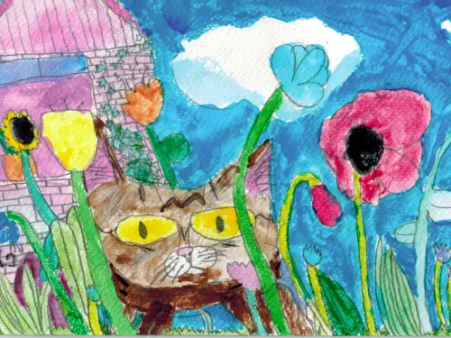  Painting of Brown Cat in the flowers